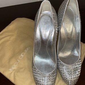 Sergio Rossi, leather, silver, almond toe heels